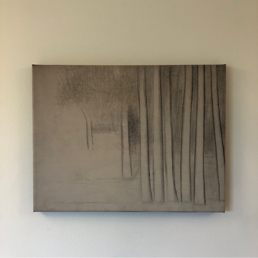 Print, sketch, grove of trees wrapped canvas with black border 13”x16 15/16”